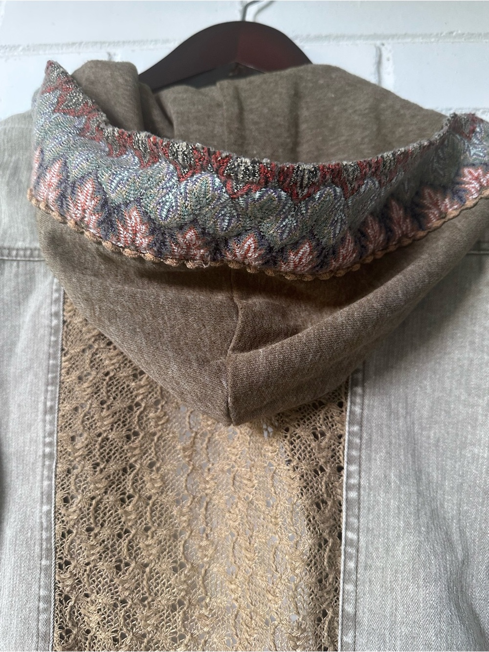 Miss Me Green Denim Mixed Media Jacket Large Sweatshirt Sleeve Patterned - Picture 7 of 9